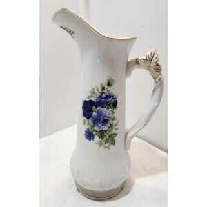 Vtg Formalities Baum Bros Blue Victorian Rose Pitcher with Gold Trim 10" Tall